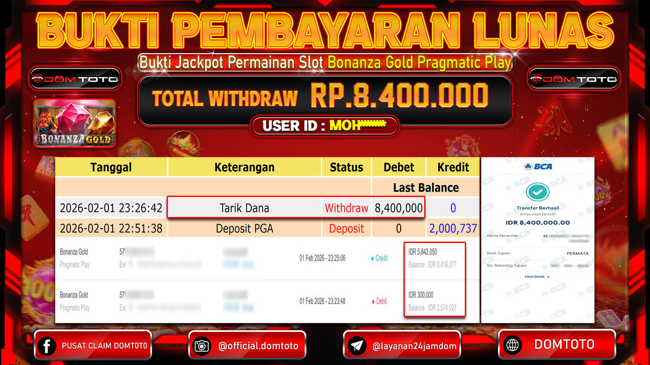 JACKPOT SLOT Bonanza Gold Pragmatic Play 01 FEBRUARI 2026