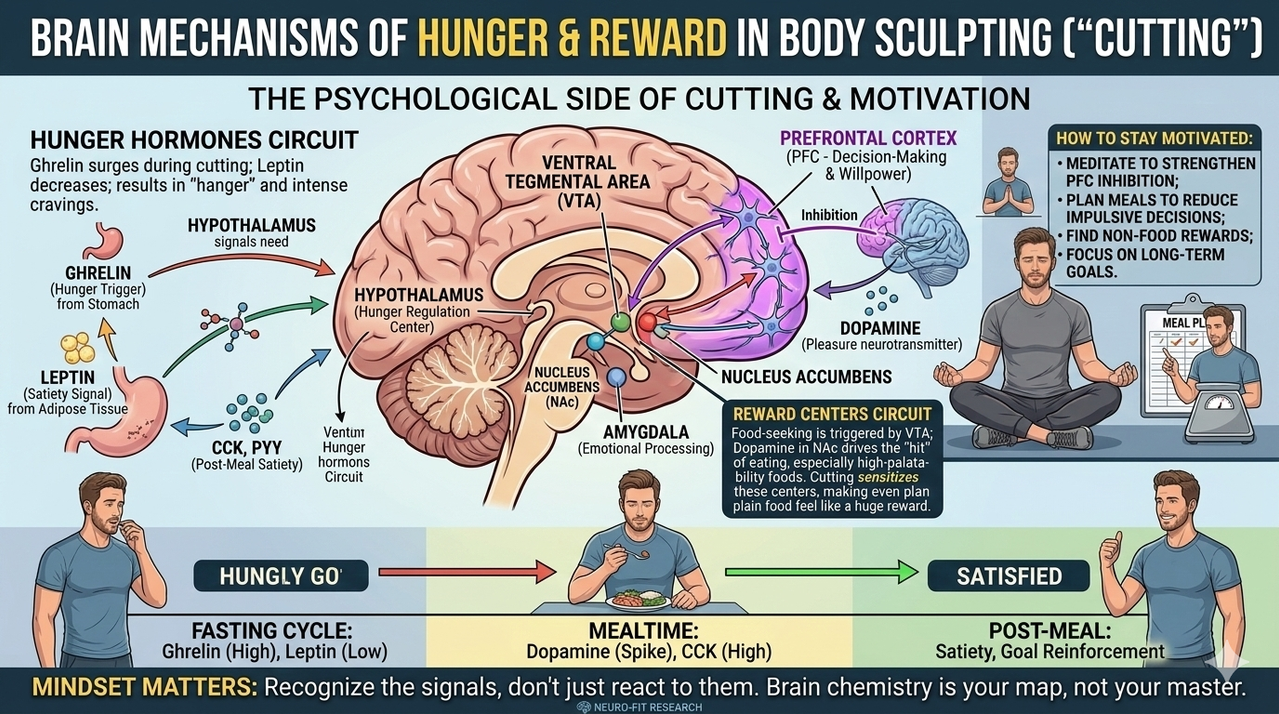Brain diagram showing hunger hormones and reward centers for psychological side of cutting and how to stay motivated