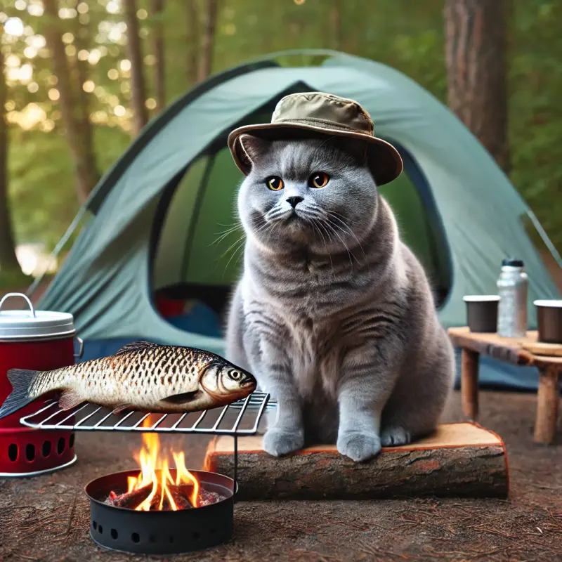 DALL-E-2024-09-07-14-07-04-A-chubby-gray-British-Shorthair-cat-sitting-in-front-of-a-camping-tent.webp