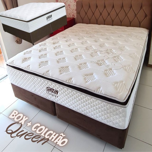 Cama Box Queen Colchão De Molas Pocket Ensacadas Tower Gazin 158x198x76cm Branco / Marrom