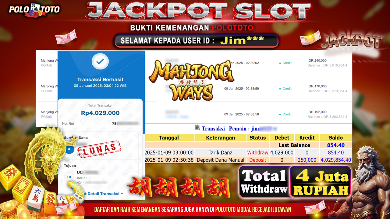 POLOTOTO JACKPOT SLOT MAHJONG WAYS Rp.4,029.000,-