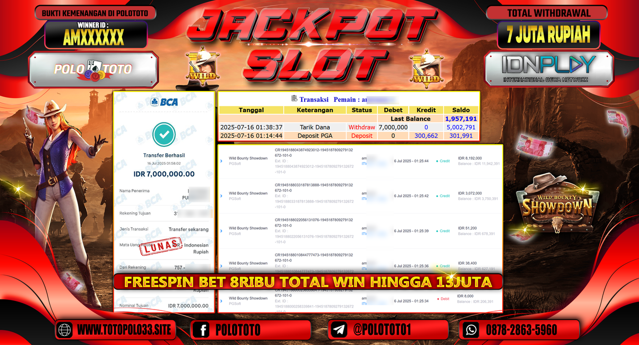 POLOTOTO JACKPOT SLOT WILD BOUNTY SHOWDOWN Rp.7.000.000,- LUNAS