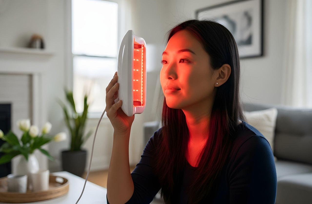 Red light therapy being used for post-workout recovery and facial skincare