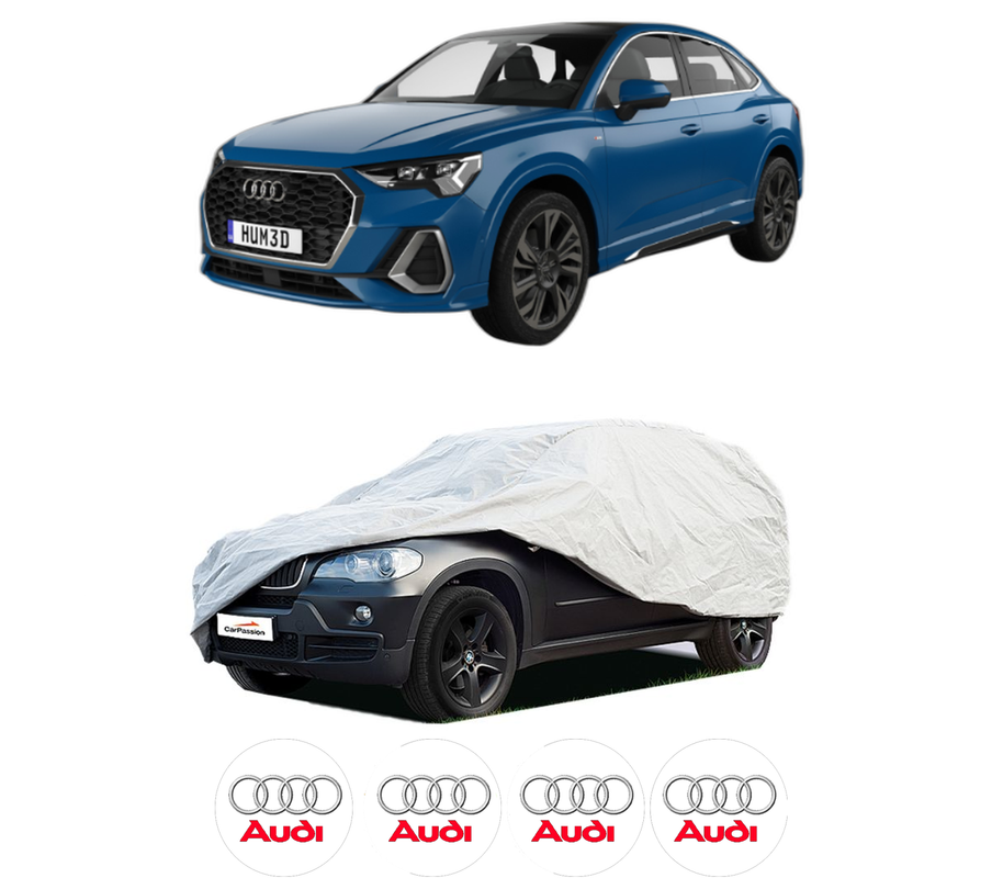 Husa tip prelata auto pentru AUDI Q3 Sportback (F3N) din 2019-2021, Culoare Gri, material textil impermeabil, rezistanta la intemperii praf UV, CARPASSION Husa Protectie, 4 Stickere auto cu AUDI