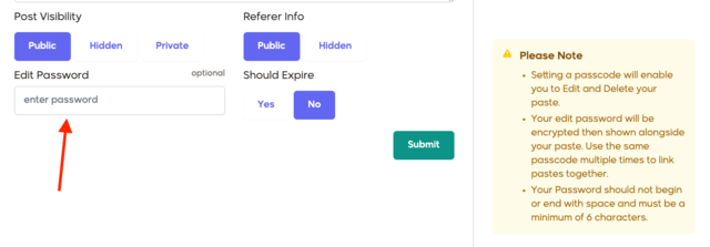 Pastefree.net passcode feature
