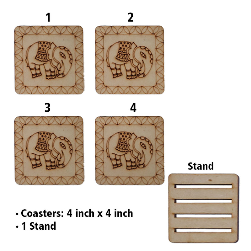Madhubani painting on Engraved Square MDF Tea Coasters Hobbyist level DIY Kit 