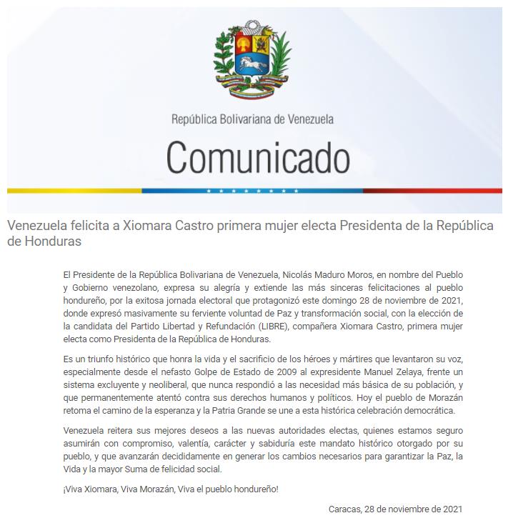 Presidente Maduro celebra victoria presidencial de Xiomara Castro de Zelaya en Honduras Comunicado