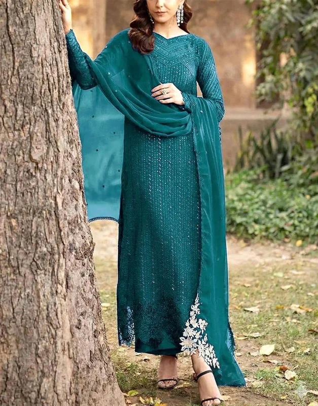 Teal Blue Sequins Embroidered Chiffon Party & Wedding Dress – Unstitched Luxury Outfit