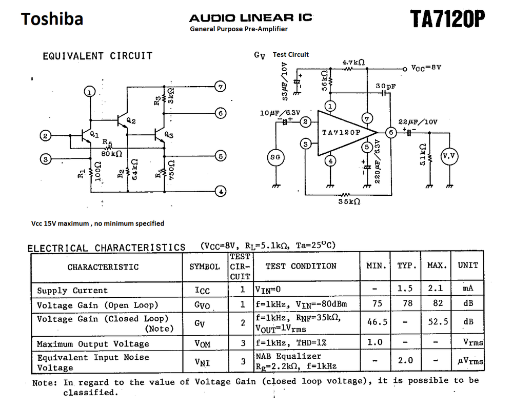 Toshiba TA7120P - General Purpose Preamplifier - Summarized Data