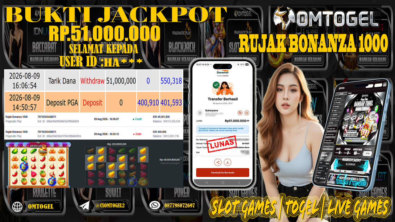 OMTOGEL JACKPOT PRAGMATICPLAY RUJAK BONANZA 1000  Rp,51,000,000,- DIBAYAR LUNAS