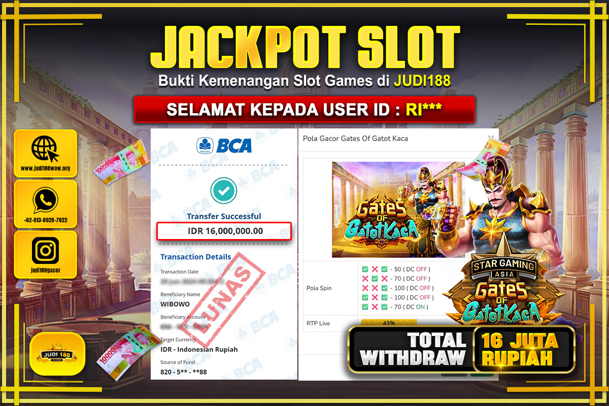 JUDI188 JACKPOT SLOT GATES OF GATOT KACA Rp.16.000.000,- SUDAH DIBAYARKAN!