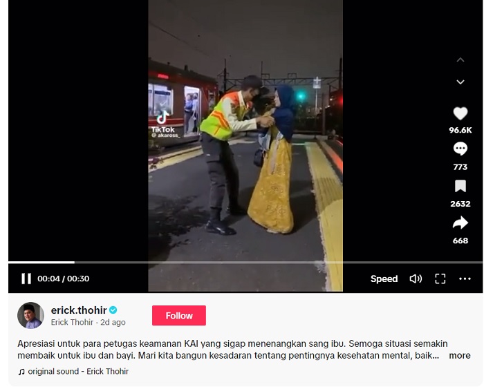 Erick Thohir apresiasi aksi petugas Stasiun Pasar Minggu berhasil mengamankan pengguna KRL yang hendak melakukan percobaan bunuh diri.