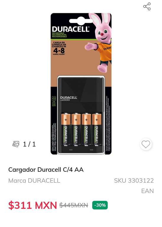 Sanborns: Baterías AA DURACELL recargables con cargador 
