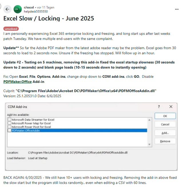 Excel Slow / Locking June 2025