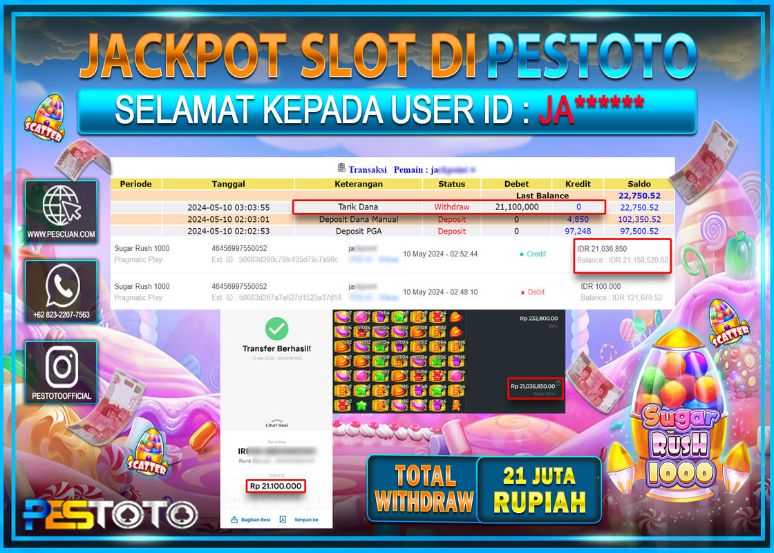HANYA DI PESTOTO JP PASTI DI BAYAR LUNAS DAN CEPAT!!!!!! JP SLOT{ SUGAR RUSH 1000 } Rp.21.100.000 !!!!!