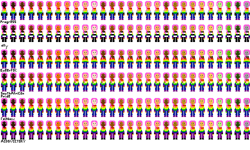 a row of people with pride flag shirts and pink hair