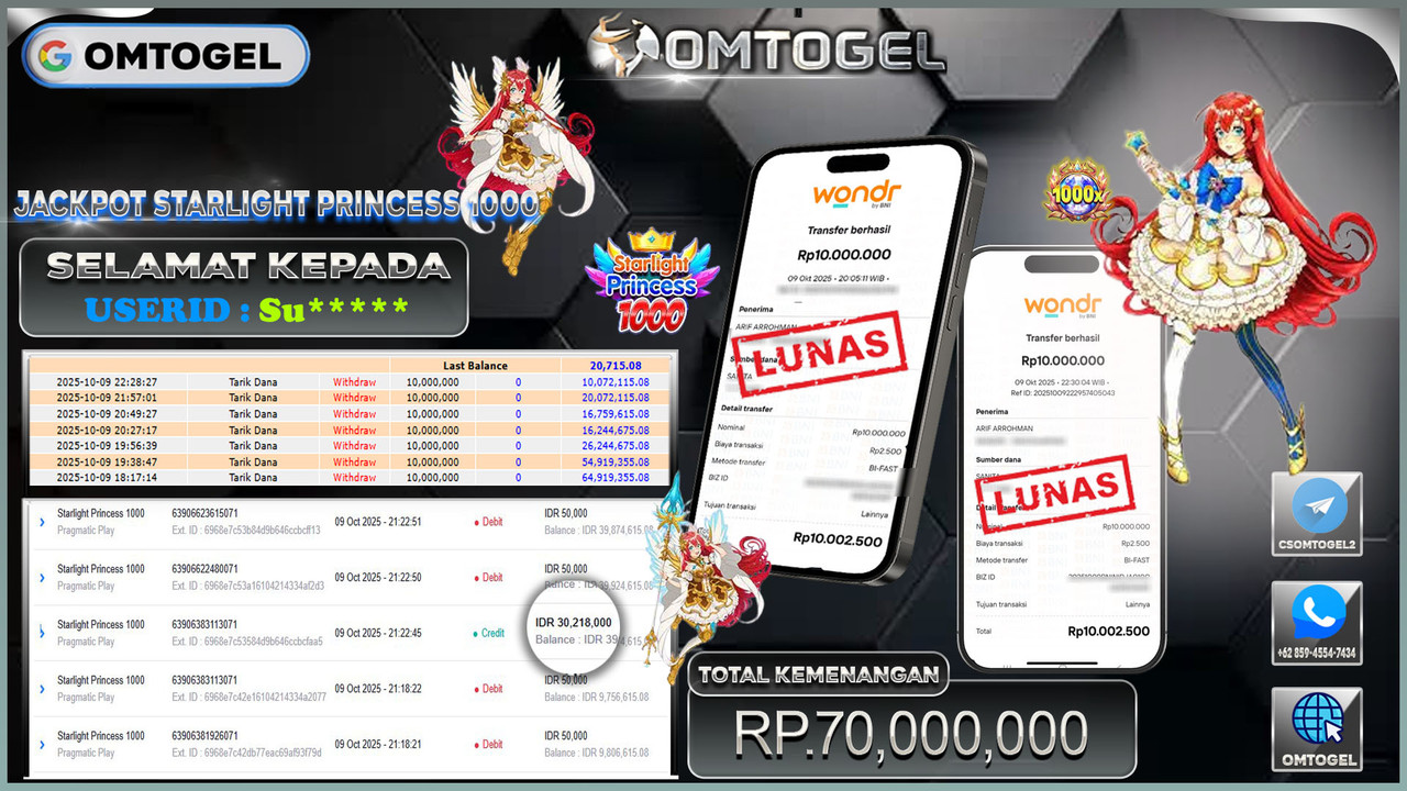 OMTOGEL JACKPOT PRAGMATIC PLAY STARLIGHT PRINCESS 1000 70 JUTA DI BAYAR LUNAS ,-