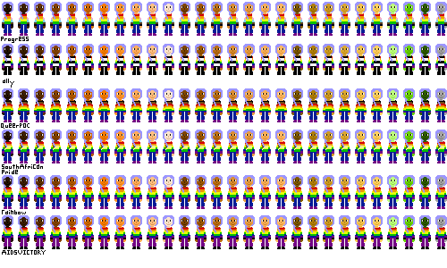 a row of people with pride flag shirts and light indigo hair