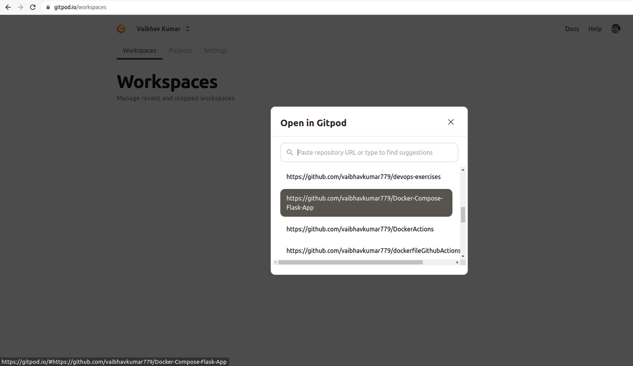 Using Dashboard gitpod