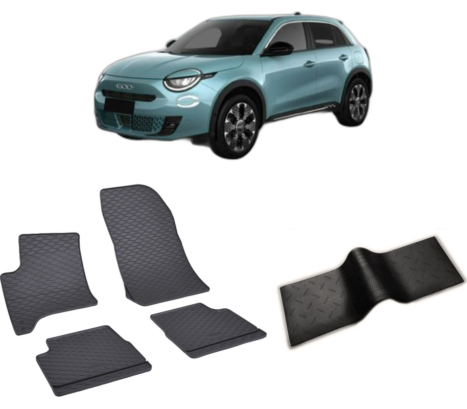 Set covorase auto FIAT 600 HYBRID din 01.2024-PREZENT, cu covoras tunel median, CAROSERIE HATCHBACK, Presuri cauciuc 100%, compatibil cu autoturismul FIAT 600 HYBRID, Rigum