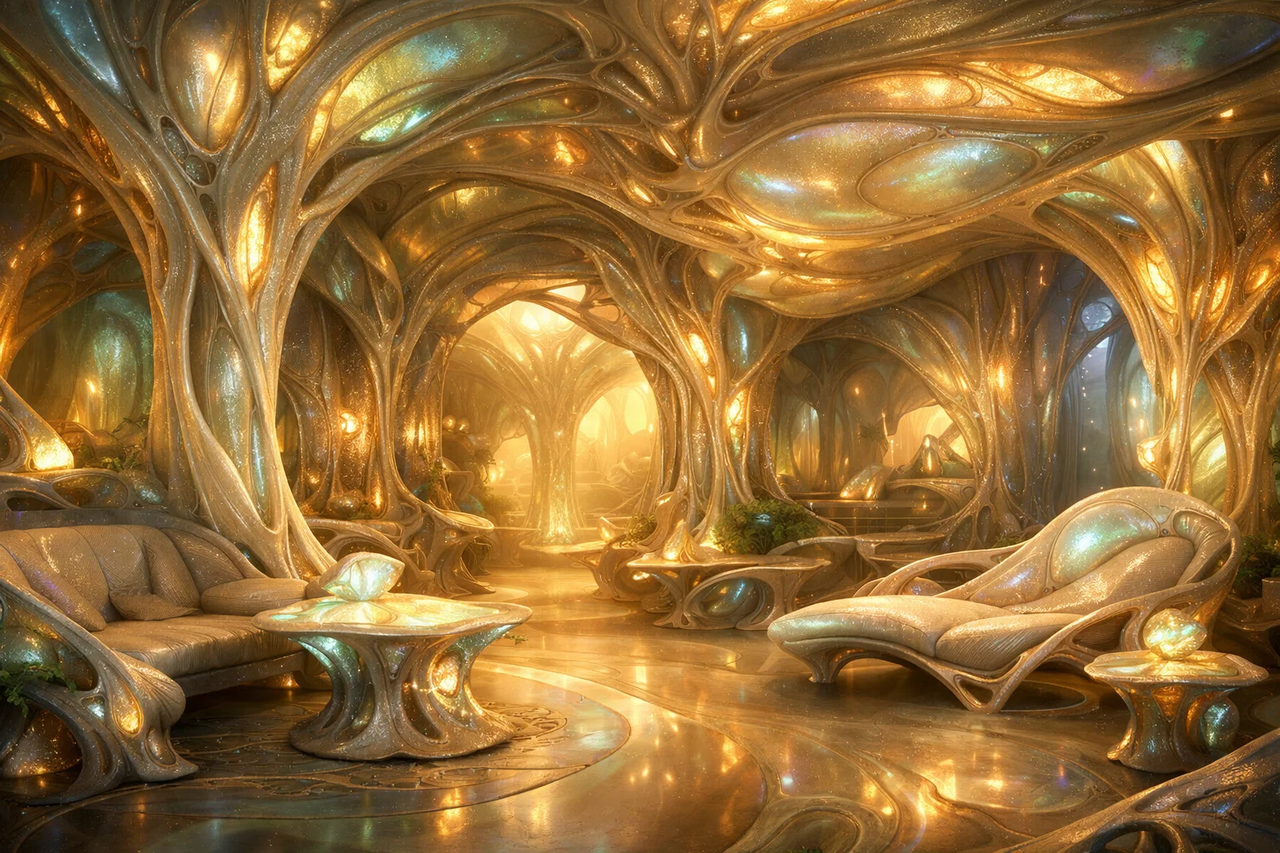 Golden biomorphic lounge area conceptual visualization.