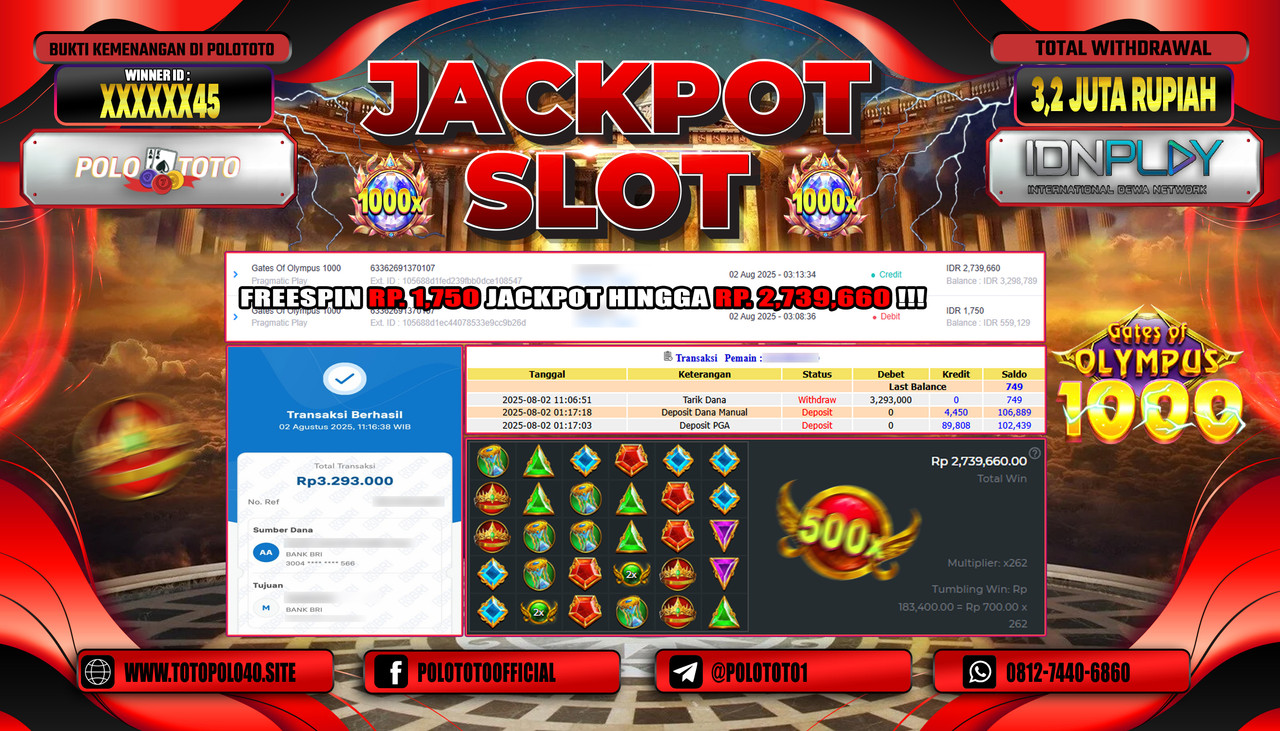 POLOTOTO JACKPOT SLOT GATES OF OLYMPUS 1000 Rp.3.200.000,-LUNAS