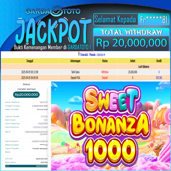 JACKPOT DI PERMAINAN SLOT SWEET BONANZA 1000 WD Rp20.000.000,- DIBAYAR LUNAS GARDATOTO MANTAP!