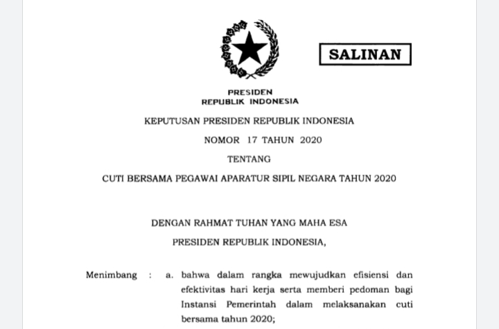 Tangkapan layar Keppres Nomor 17 Tahun 2020.