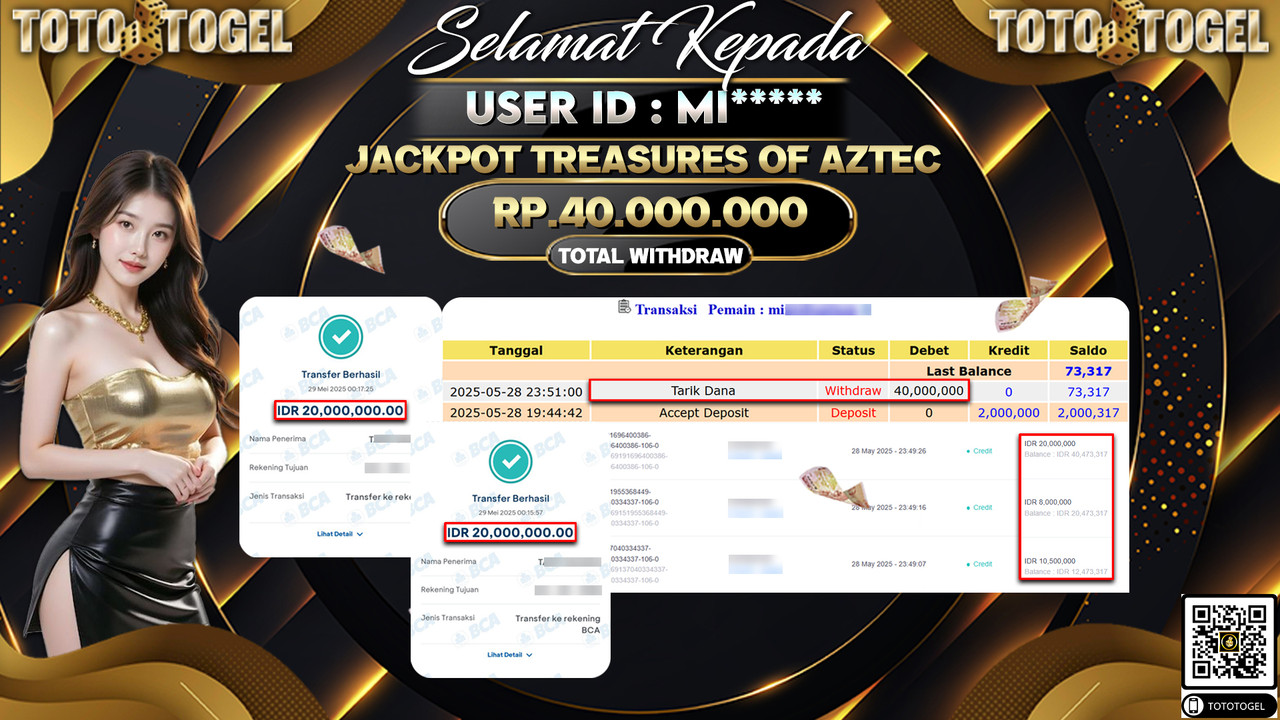 Bukti Pembayaran Jackpot Permainan Slot Treasures Of Aztec ID:MI***** LUNAS