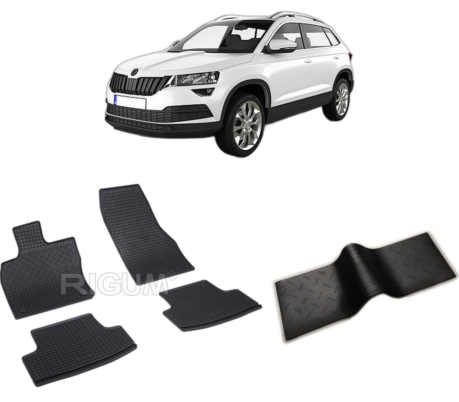Set covorase auto SKODA KAROQ din 2017-PREZENT, cu covoras tunel median, CAROSERIE SUV, Presuri cauciuc 100%, compatibil cu autoturismul SKODA KAROQ, Rigum