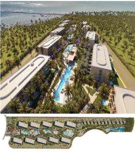 Vista aérea do Beach Class Manguinhos com piscinas e área de lazer