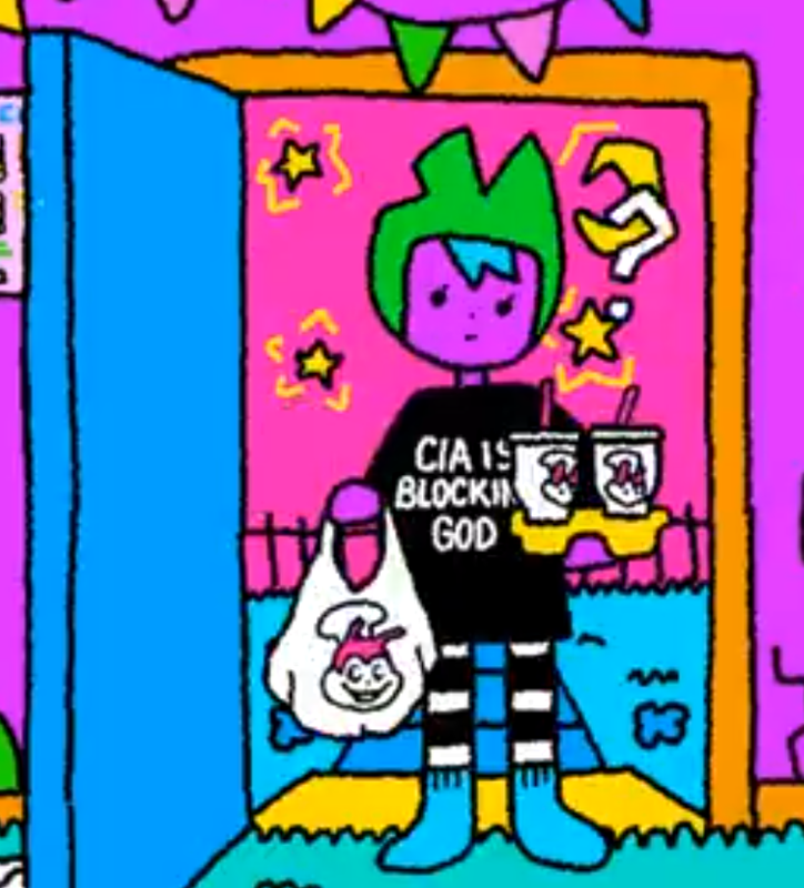 poop standing i a doorway confused holding jollibee takeout