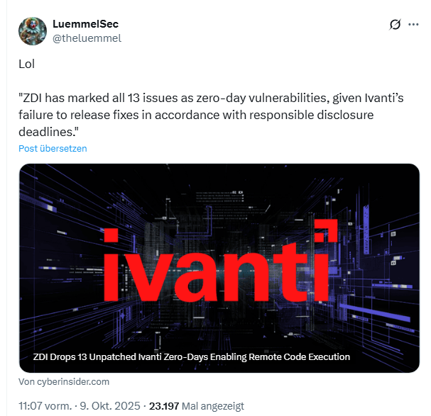Ivanti reißt bei 13 0-day-Schwachstellen Offenlegungsfrist