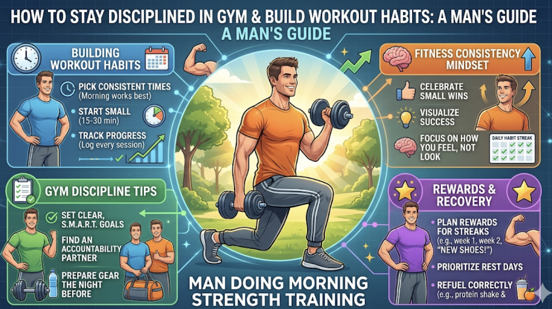 How to stay disciplined in gym woman doing morning strength training showing build workout habits and fitness consistency mindset