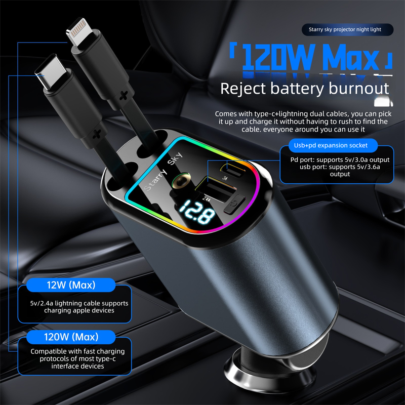 120W 4-in-1 Retractable Car Charger Adapter Fast Charging Dual Cables Type-C & Lightning LED Voltage Display Starry Projector for iPhone Samsung