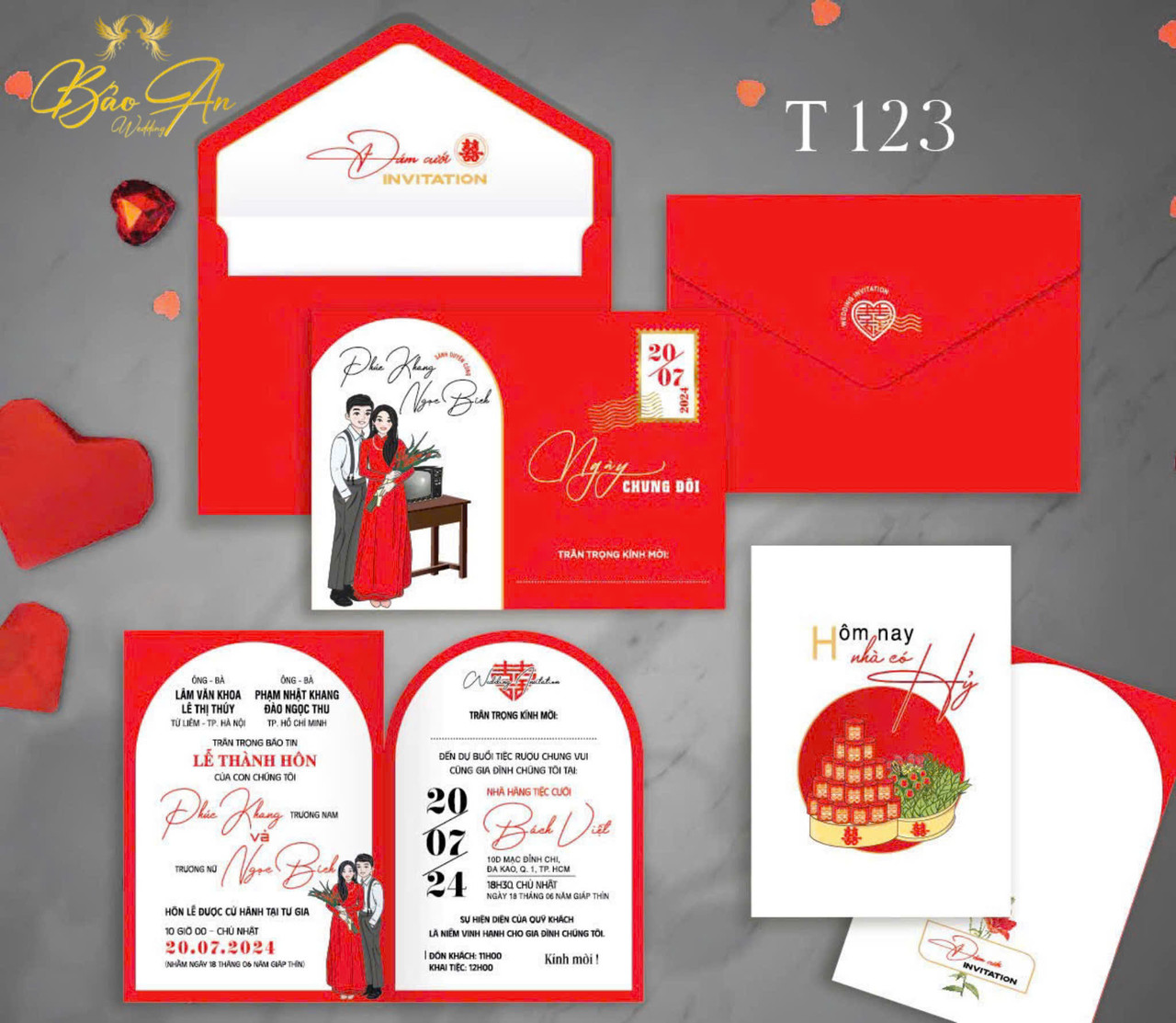 Thiệp chibi áo dài vòm trắng tone đỏ (T123)