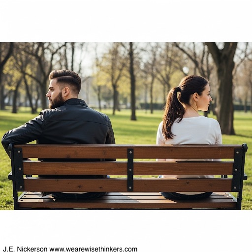 Two people sit on opposite ends of a bench, turned away from each other, their body language heavy with unspoken tension, symbolizing emotional distance between characters who care but can’t agree.