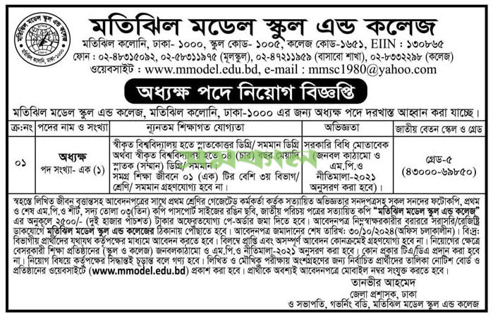 Motijheel Model School and College Job Circular 2024