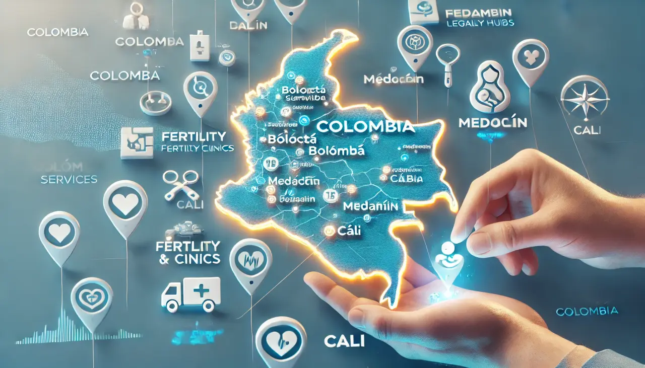 Illustration of a modern fertility clinic in Colombia, emphasizing advanced medical equipment and expertise.