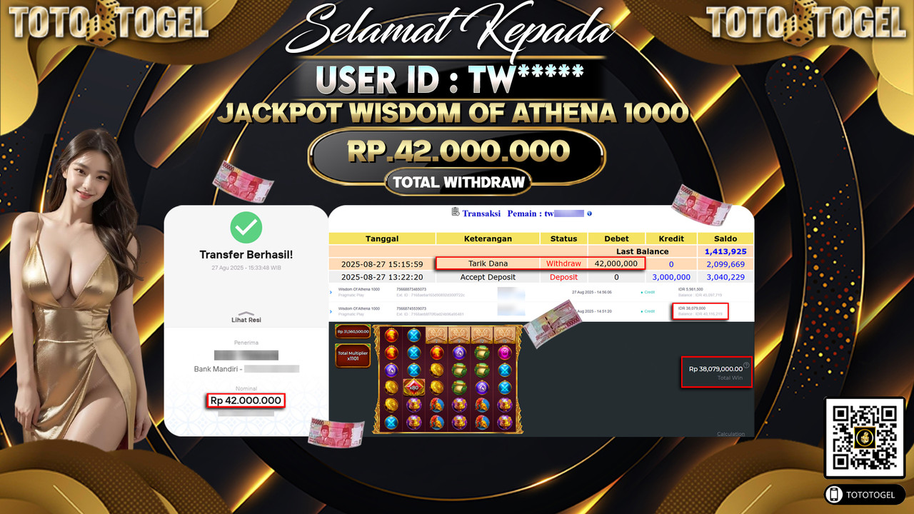 Bukti Pembayaran Jackpot Permainan Slot Wisdom Of Athena 1000 ID:TW***** LUNAS