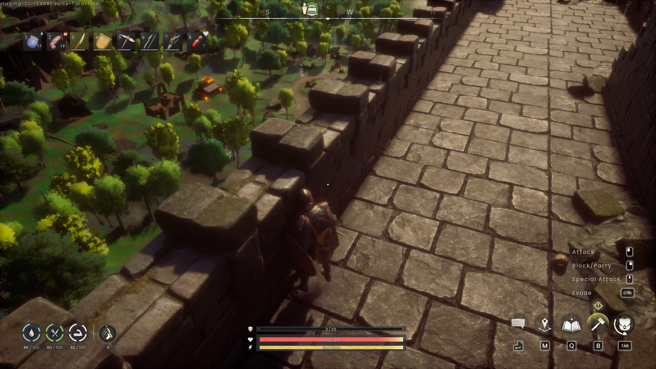 A screenshot from RuneScape Dragonwilds showing Tyler crouched down on a castle wall looking down at his base from a distance.