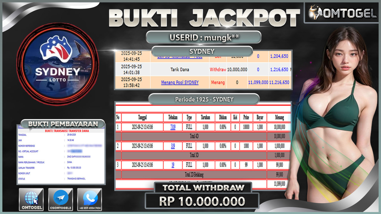 OMTOGEL JACKPOT SYDNEY 4D 3D 2D 10 JUTA DI BAYAR LUNAS ,-