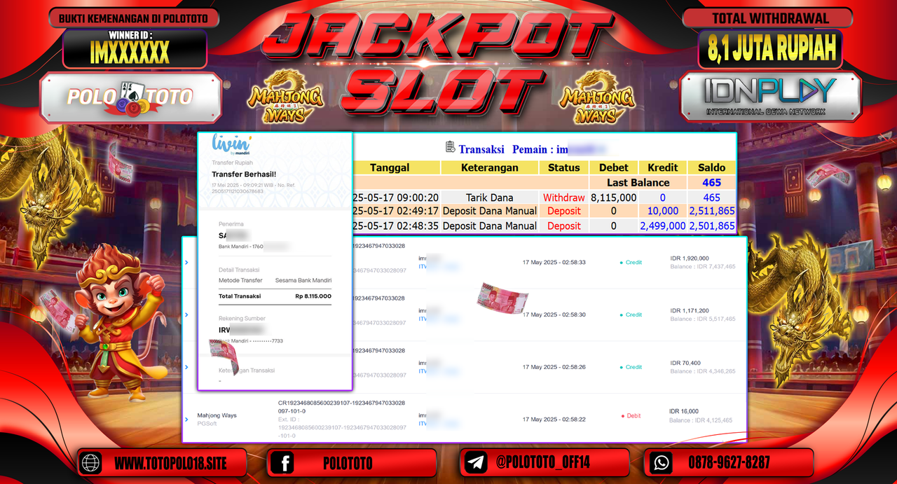 POLOTOTO JACKPOT SLOT MAHJONG WAYS Rp.8.115.000,-