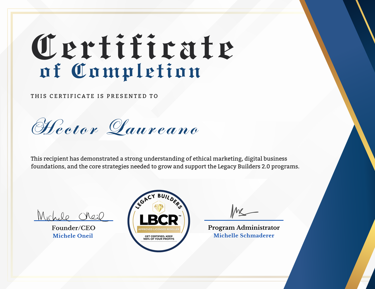 Hector Laureano Legacy Builders Certificate of Completion