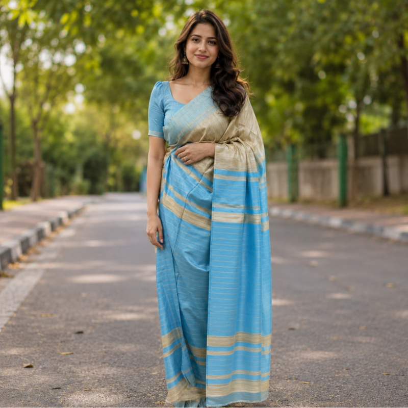 Women's Gheecha Silk Saree with Striped Design & Unstitched Blouse Piece