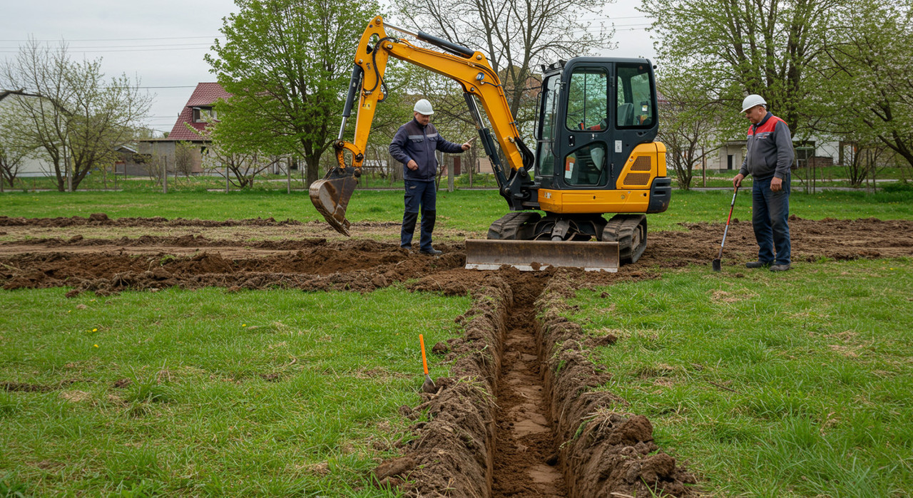 Мини-экскаватор роет траншею для фундамента частного дома