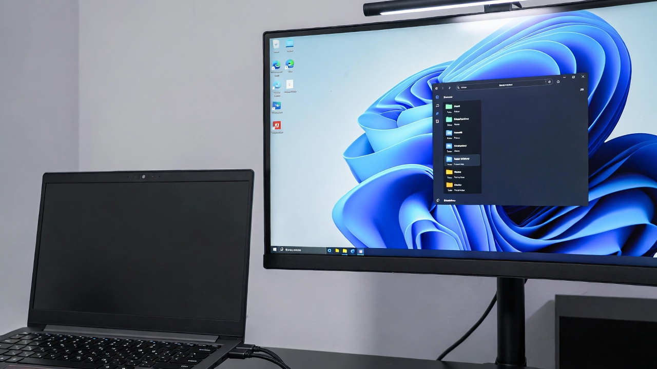 Laptop connected to monitor via single USB-C cable charging and displaying