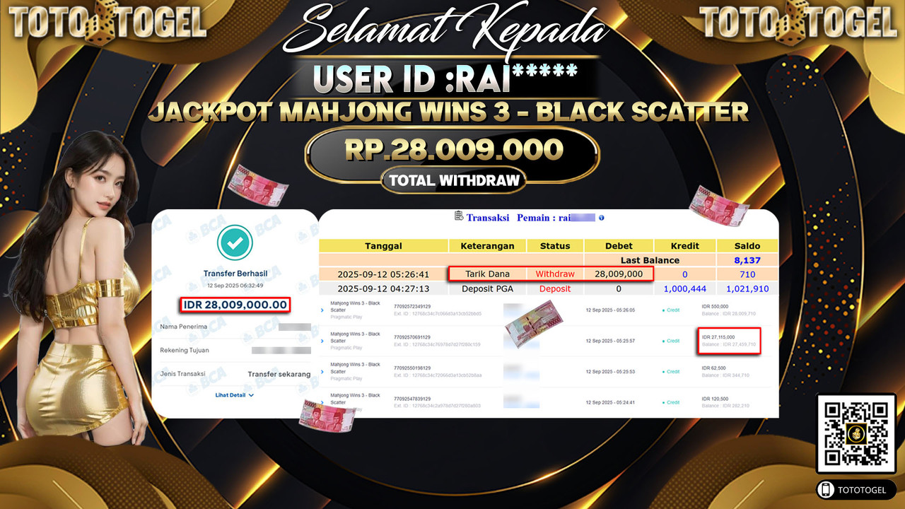Bukti Pembayaran Jackpot Permainan Slot Mahjong Wins 3 - Black Scatter ID:RAI***** LUNAS