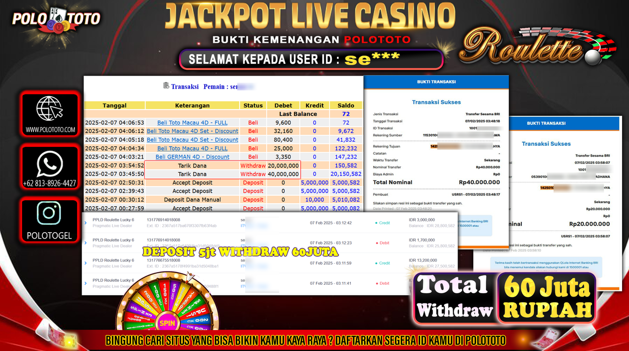 POLOTOTO JACKPOT LIVE CASINO PPLD ROULETTE LUCKY 6 Rp.60,000.000,-