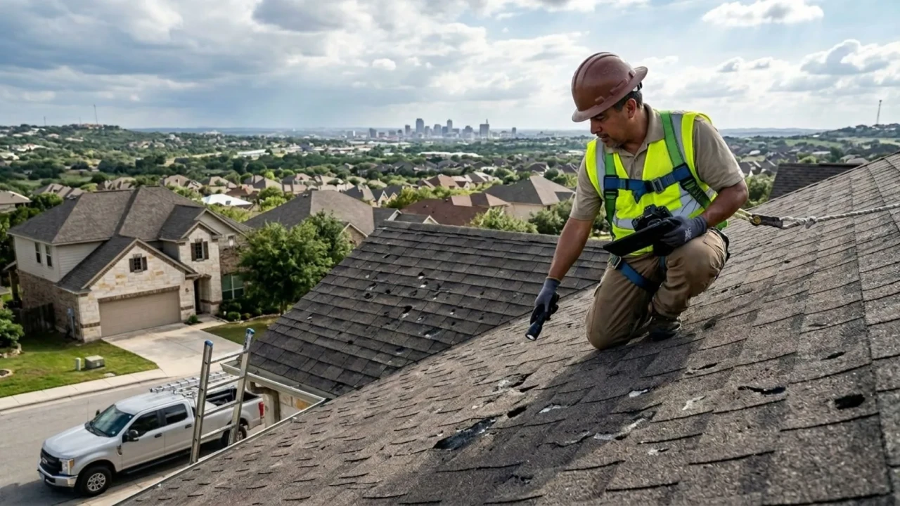Licensed roofing contractor inspecting roof after hailstorm in San Antonio Bexar County